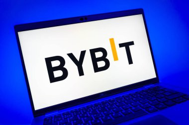 Prag, Çek Cumhuriyeti - 08 01 2025: Bybit logosunu gösteren dizüstü bilgisayarın yakın görüntüsü. Bybit şifreli para ve türev ticareti için bir platformdur.
