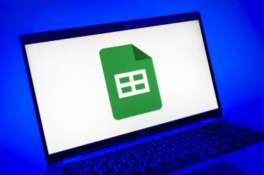 Prag, Çek Cumhuriyeti - 08 01 2025: Google Sheets logosunu gösteren dizüstü bilgisayarın yakın görüntüsü. Google Sayfalar tablo oluşturmak ve yönetmek için bir platformdur.