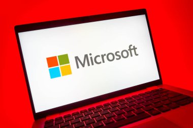 Prag, Çek Cumhuriyeti - 08 01 2025: Microsoft logosunu gösteren dizüstü bilgisayarın yakın görüntüsü. Microsoft yazılım, donanım ve hizmet sunan bir teknoloji şirketidir..