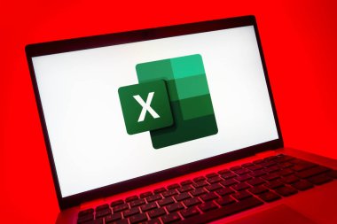Prag, Çek Cumhuriyeti - 08 01 2025: Excel logosunu gösteren dizüstü bilgisayarın yakın görüntüsü. Excel, tablo, veri analizi ve hesaplamalar için bir yazılımdır..
