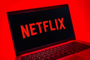 Prag, Çek Cumhuriyeti - 08 01 2025: Netflix logosunu gösteren dizüstü bilgisayarın yakın görüntüsü. Netflix sinema ve televizyon programları için bir yayın platformudur..