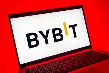 Prag, Çek Cumhuriyeti - 08 01 2025: Bybit logosunu gösteren dizüstü bilgisayarın yakın görüntüsü. Bybit şifreli para ve türev ticareti için bir platformdur.