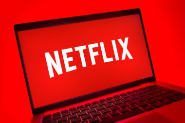 Prag, Çek Cumhuriyeti - 08 01 2025: Netflix logosunu gösteren dizüstü bilgisayarın yakın görüntüsü. Netflix sinema ve televizyon programları için bir yayın platformudur..