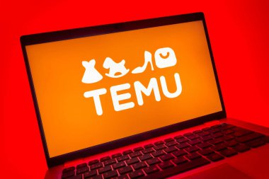 Prag, Çek Cumhuriyeti - 08 01 2025: Temu logosunu gösteren dizüstü bilgisayarın yakın görüntüsü. Temu çevrimiçi uygun fiyatlı ürünler için bir e-ticaret platformudur..