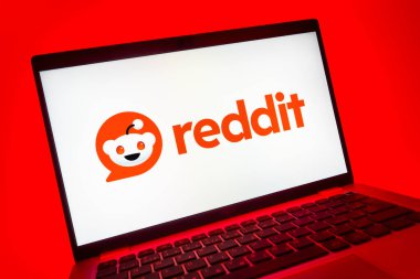 Prag, Çek Cumhuriyeti - 08 01 2025: Reddit logosunu gösteren dizüstü bilgisayarın yakın görüntüsü. Reddit tartışma, haber ve toplum içeriği için bir platformdur.