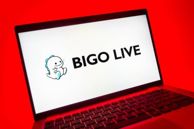 Prag, Çek Cumhuriyeti - 08 01 2025: Bigo Live logosunu gösteren dizüstü bilgisayarın yakın görüntüsü. Bigo Live canlı yayın ve sosyal etkileşim için bir platformdur.