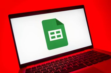 Prag, Çek Cumhuriyeti - 08 01 2025: Google Sheets logosunu gösteren dizüstü bilgisayarın yakın görüntüsü. Google Sayfalar tablo oluşturmak ve yönetmek için bir platformdur.