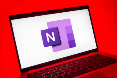 Prag, Çek Cumhuriyeti - 08 01 2025: Microsoft OneNote logosunu gösteren dizüstü bilgisayarın yakın görüntüsü. Microsoft OneNote not almak ve düzenlemek için bir platformdur.