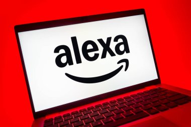 Prag, Çek Cumhuriyeti - 08 01 2025: Alexa logosunu gösteren dizüstü bilgisayarın yakın görüntüsü. Alexa akıllı aygıtlar ve servisler için ses asistanıdır.
