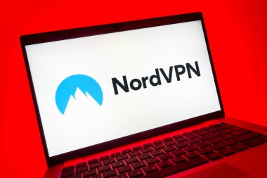 Prag, Çek Cumhuriyeti - 08 01 2025: NordVPN logosunu gösteren dizüstü bilgisayarın yakın görüntüsü. NordVPN güvenli ve özel internet taraması için bir platformdur.