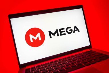 Prag, Çek Cumhuriyeti - 08 01 2025: Mega logosunu gösteren dizüstü bilgisayarın yakın görüntüsü. Mega şifreli dosya paylaşımı ile bulut depolama platformu.