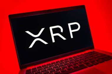 Prag, Çek Cumhuriyeti - 08 01 2025: Ripple logosunu gösteren dizüstü bilgisayarın yakın görüntüsü. Dalgalanma dijital kripto para birimi ve ödeme protokolüdür..