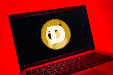 Prag, Çek Cumhuriyeti - 08 01 2025: Dogecoin logosunu gösteren dizüstü bilgisayarın yakın görüntüsü. Dogecoin, paylaşımcı işlemler için kullanılan bir şifreli para birimidir.