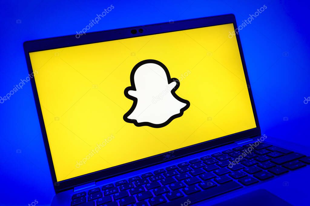 Prague, Czechia - 08 01 2025: A close-up view of a laptop screen displaying the Snapchat logo. Snapchat is an app for sending photos, videos, and temporary messages.