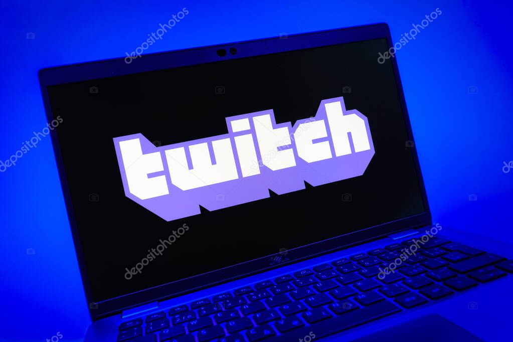 Prague, Czechia - 08 01 2025: A close-up view of a laptop screen displaying the Twitch logo. Twitch is a platform for live streaming games and content.
