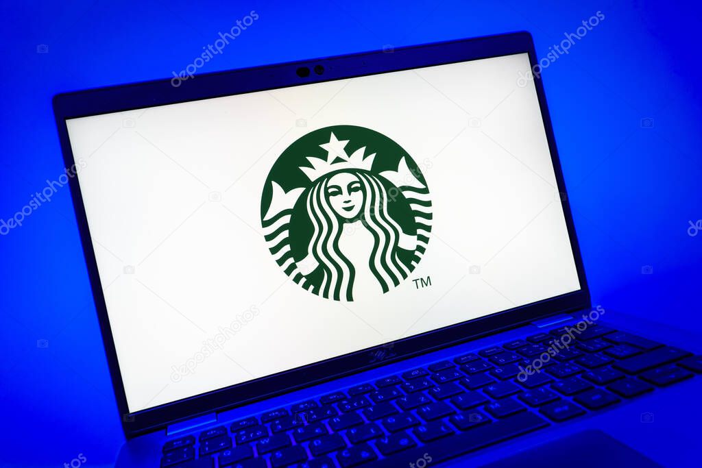 Prague, Czechia - 08 01 2025: A close-up view of a laptop screen displaying the Starbucks logo. Starbucks is a global coffeehouse chain serving beverages and food.