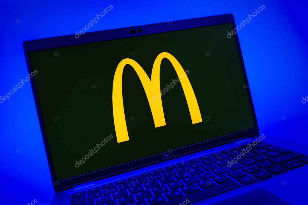 Prague, Czechia - 08 01 2025: A close-up view of a laptop screen displaying the McDonalds logo. McDonalds is a fast-food chain serving burgers, fries, and more.