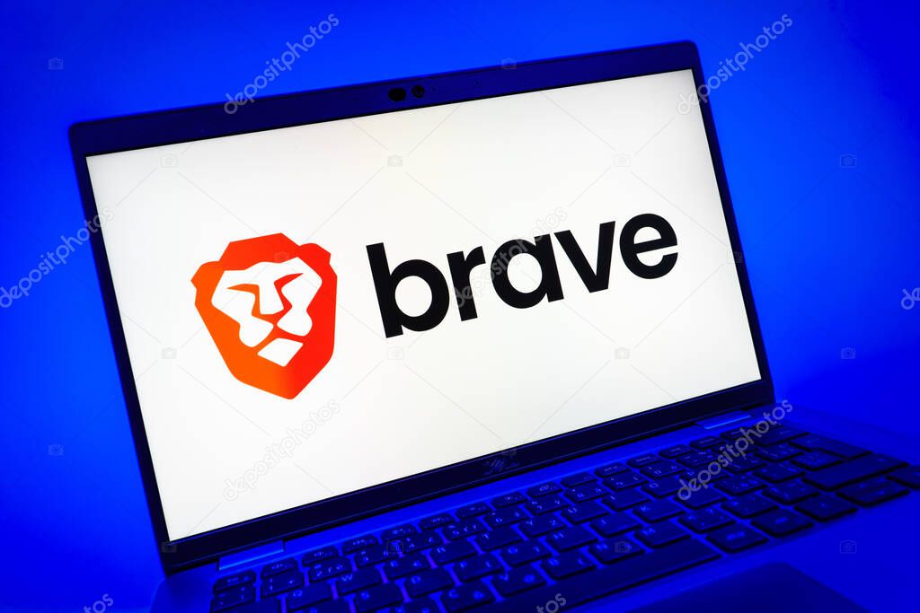 Prague, Czechia - 08 01 2025: A close-up view of a laptop screen displaying the Brave logo. Brave is a web browser focused on privacy and speed.