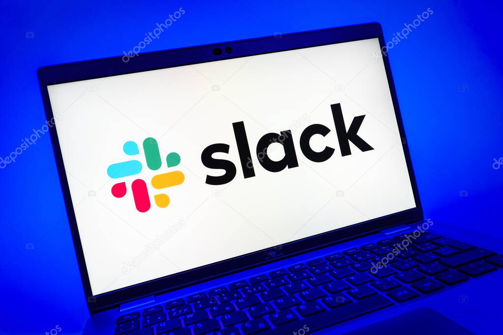 Prague, Czechia - 08 01 2025: A close-up view of a laptop screen displaying the Slack logo. Slack is a platform for team messaging and workplace communication.