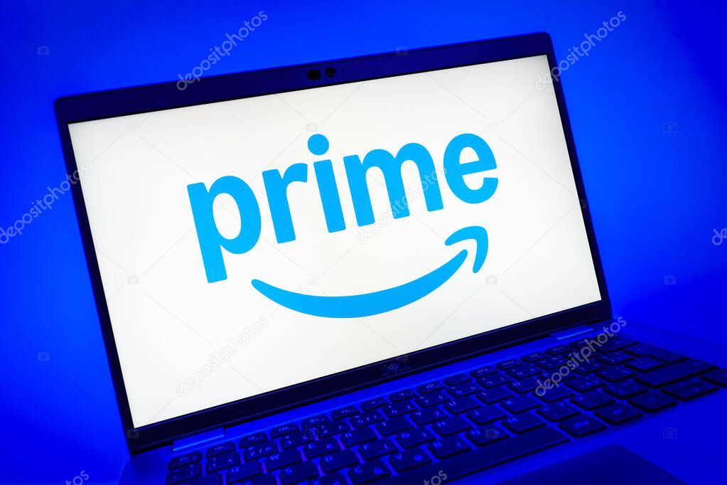 Prague, Czechia - 08 01 2025: A close-up view of a laptop screen displaying the Prime logo. Prime is a subscription service for shopping, streaming, and benefits.
