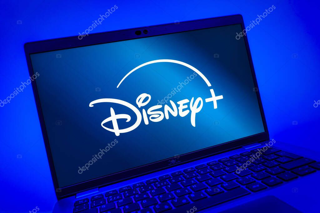 Prague, Czechia - 08 01 2025: A close-up view of a laptop screen displaying the Disney+ logo. Disney + is a streaming platform for movies and TV shows.