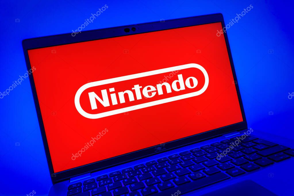 Prague, Czechia - 08 01 2025: A close-up view of a laptop screen displaying the Nintendo logo. Nintendo is a company producing video game consoles and games.