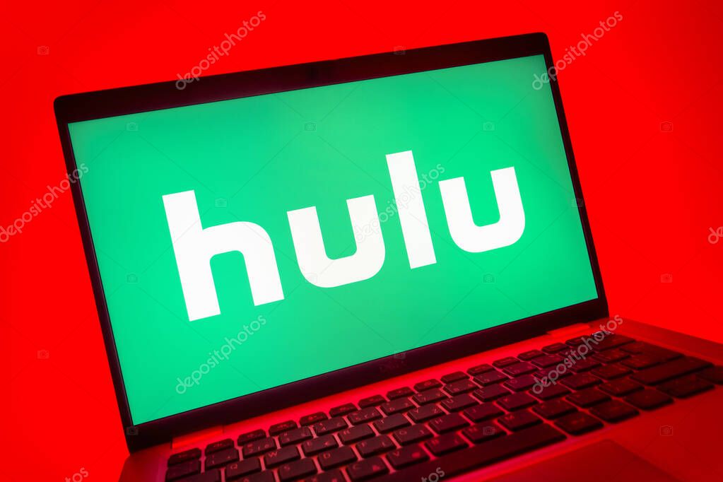 Prague, Czechia - 08 01 2025: A close-up view of a laptop screen displaying the Hulu logo. Hulu is a streaming platform for TV shows, movies, and live TV.