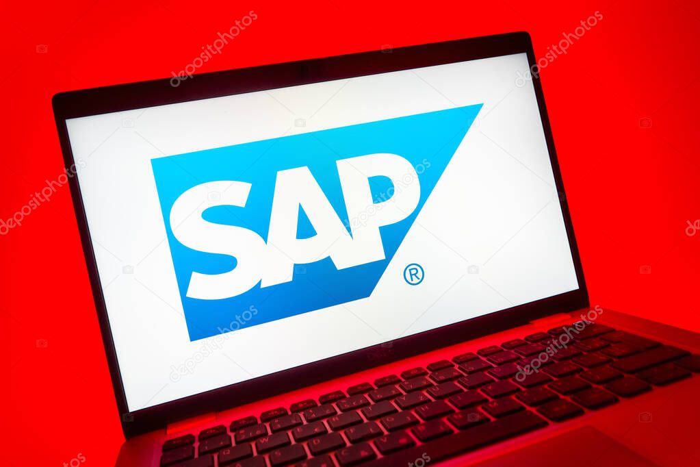 Prague, Czechia - 08 01 2025: A close-up view of a laptop screen displaying the SAP logo. SAP is a software company providing enterprise applications and solutions.