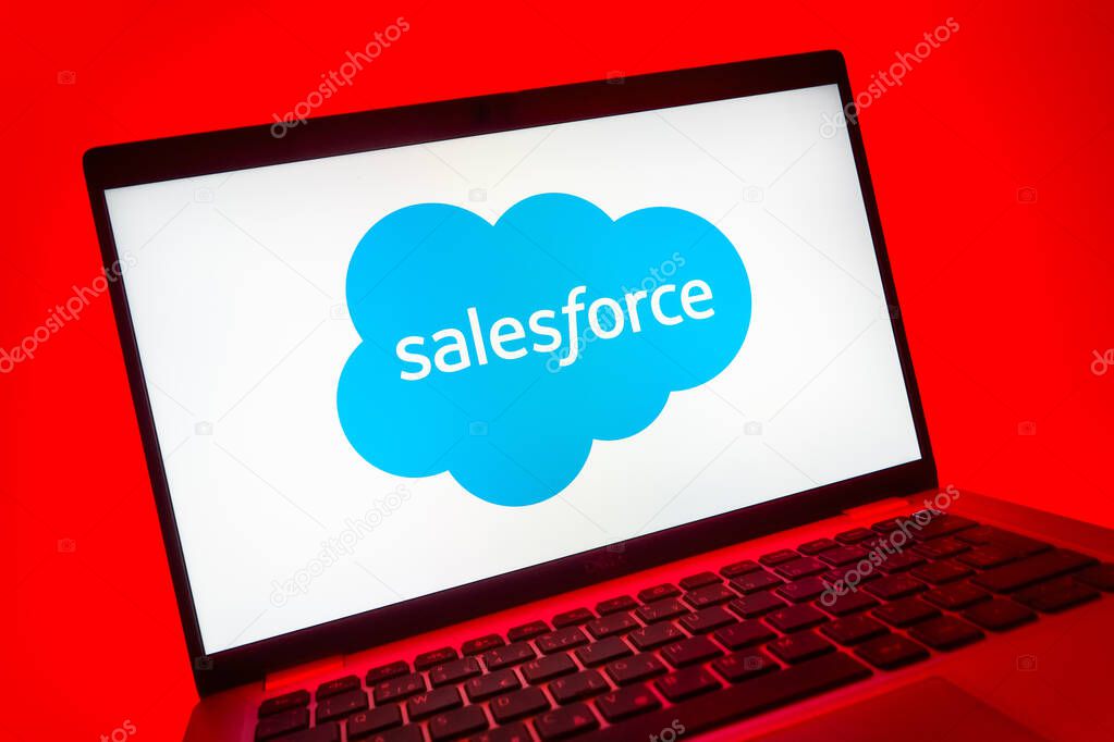 Prague, Czechia - 08 01 2025: A close-up view of a laptop screen displaying the Salesforce logo. Salesforce is a platform for customer relationship management and cloud services.