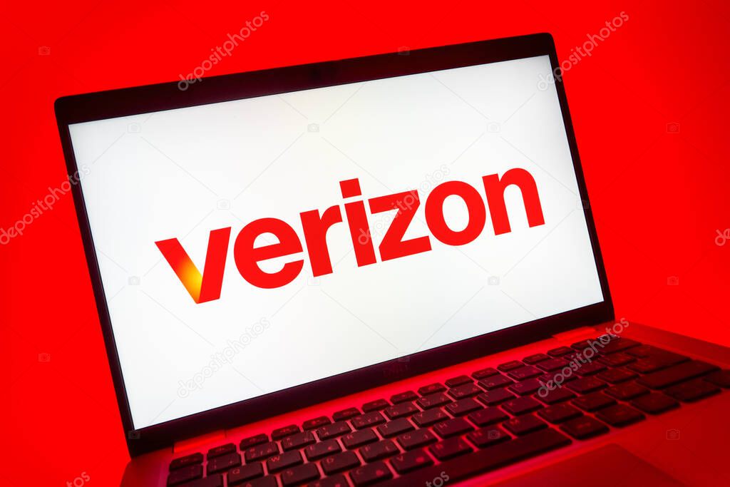 Prague, Czechia - 08 01 2025: A close-up view of a laptop screen displaying the Verizon logo. Verizon is a telecom company providing wireless and broadband services.