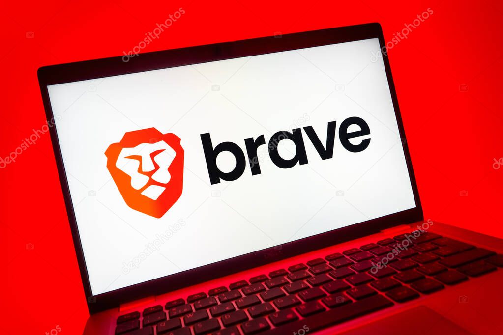 Prague, Czechia - 08 01 2025: A close-up view of a laptop screen displaying the Brave logo. Brave is a web browser focused on privacy and speed.