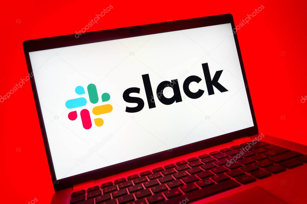 Prague, Czechia - 08 01 2025: A close-up view of a laptop screen displaying the Slack logo. Slack is a platform for team messaging and workplace communication.