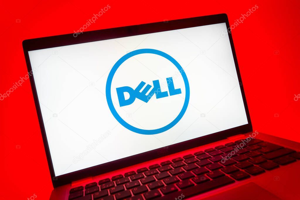 Prague, Czechia - 08 01 2025: A close-up view of a laptop screen displaying the Dell logo. Dell is a technology company producing computers and IT solutions.