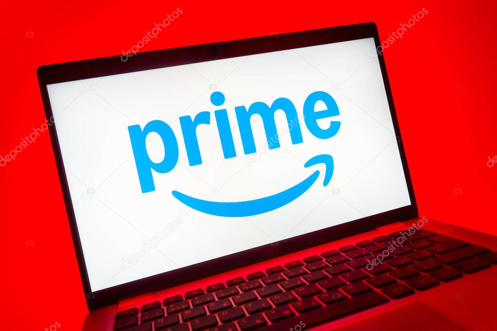 Prague, Czechia - 08 01 2025: A close-up view of a laptop screen displaying the Prime logo. Prime is a subscription service for shopping, streaming, and benefits.