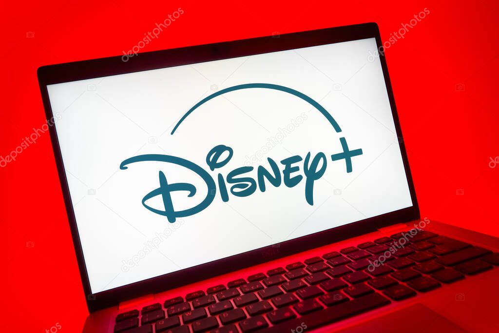 Prague, Czechia - 08 01 2025: A close-up view of a laptop screen displaying the Disney+ logo. Disney + is a streaming platform for movies and TV shows.