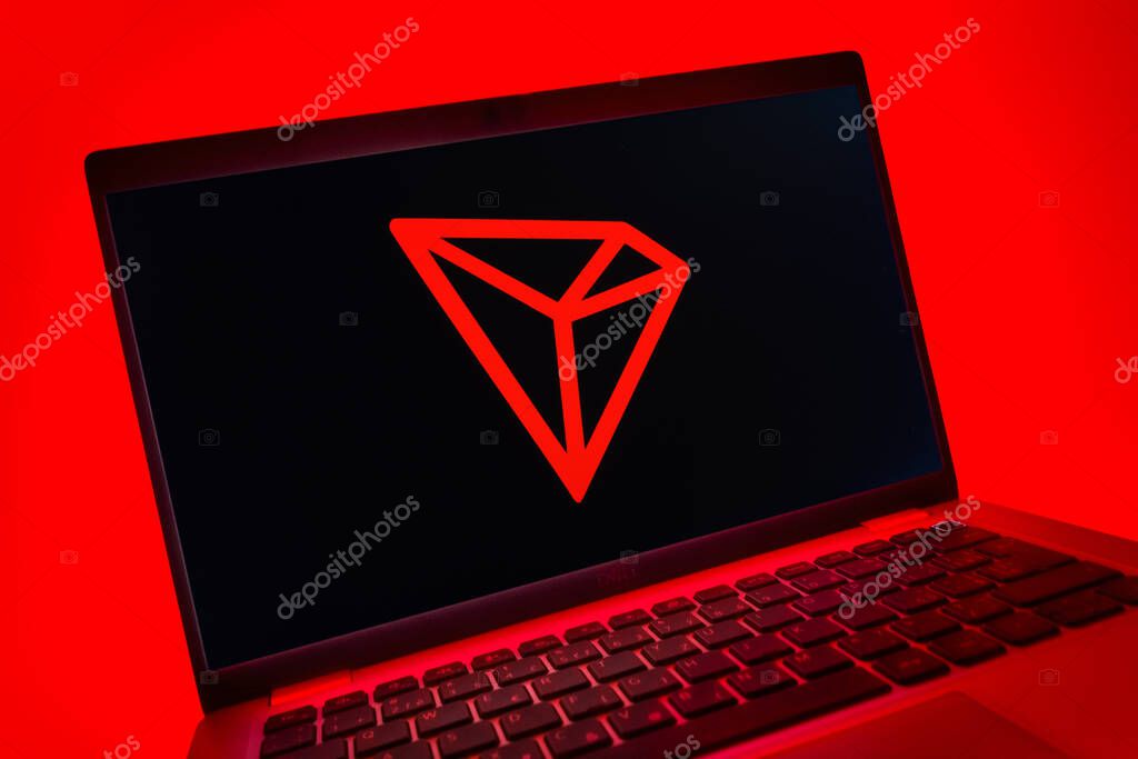 Prague, Czechia - 08 01 2025: A close-up view of a laptop screen displaying the Tron logo. Tron is a blockchain platform for decentralized applications.