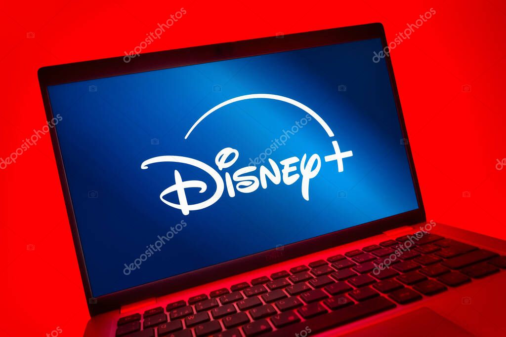Prague, Czechia - 08 01 2025: A close-up view of a laptop screen displaying the Disney+ logo. Disney + is a streaming platform for movies and TV shows.