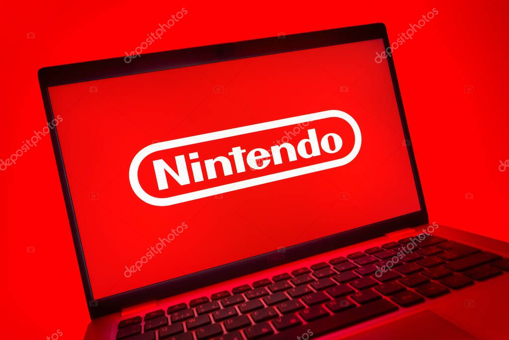 Prague, Czechia - 08 01 2025: A close-up view of a laptop screen displaying the Nintendo logo. Nintendo is a company producing video game consoles and games.