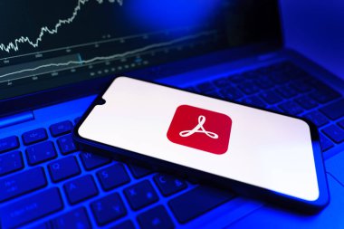 Prag, Çek Cumhuriyeti - 09 02 2025: Telefondan Acrobat Reader logosu görünüyor. Acrobat Reader, PDF belgelerini görüntülemek ve yönetmek için bir platformdur.