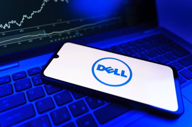 Prag, Çek Cumhuriyeti - 09 02 2025: Dell 'in logosunu gösteren dizüstü bilgisayarlı telefon. Dell bilgisayar ve bilişim çözümleri üreten bir teknoloji şirketidir..