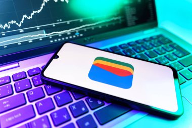 Prag, Çek Cumhuriyeti - 09 02 2025: Google Cüzdan logosunu gösteren dizüstü bilgisayarlı telefon. Google Cüzdanı dijital ödeme yöntemlerini depolamak ve kullanmak için bir platformdur.