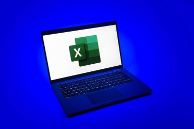 Prag, Çek Cumhuriyeti - 08 12 2025: Excel logosunu gösteren bir dizüstü bilgisayarın tepeden aşağı görüntüsü. Excel, tablo, veri analizi ve hesaplamalar için bir yazılımdır..