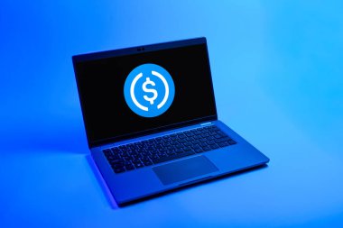 Prag, Çek Cumhuriyeti - 08 12 2025: USD sikke logosunu gösteren bir dizüstü bilgisayarın tepeden aşağı görüntüsü. USD bozuk para, Amerikan dolarına endeksli bir kripto para birimi..
