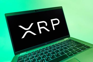 Prag, Çek Cumhuriyeti - 08 12 2025: Dalgacık logosunu gösteren bir dizüstü bilgisayarın dinamik yakın çekimi. Dalgalanma dijital kripto para birimi ve ödeme protokolüdür..