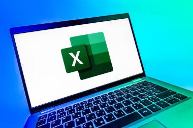 Prag, Çek Cumhuriyeti - 08 12 2025: Excel logosunu gösteren bir dizüstü bilgisayarın dinamik yakın çekimi. Excel, tablo, veri analizi ve hesaplamalar için bir yazılımdır..