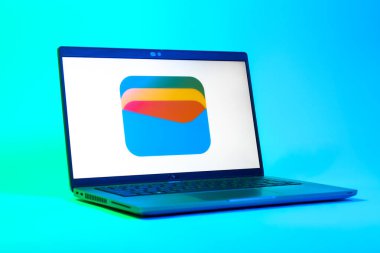 Prag, Çek Cumhuriyeti - 05: 18 2025: Google Cüzdan logosunu gösteren bir dizüstü bilgisayarın düşük açılı görüntüsü. Google Cüzdanı dijital ödeme yöntemlerini depolamak ve kullanmak için bir platformdur.