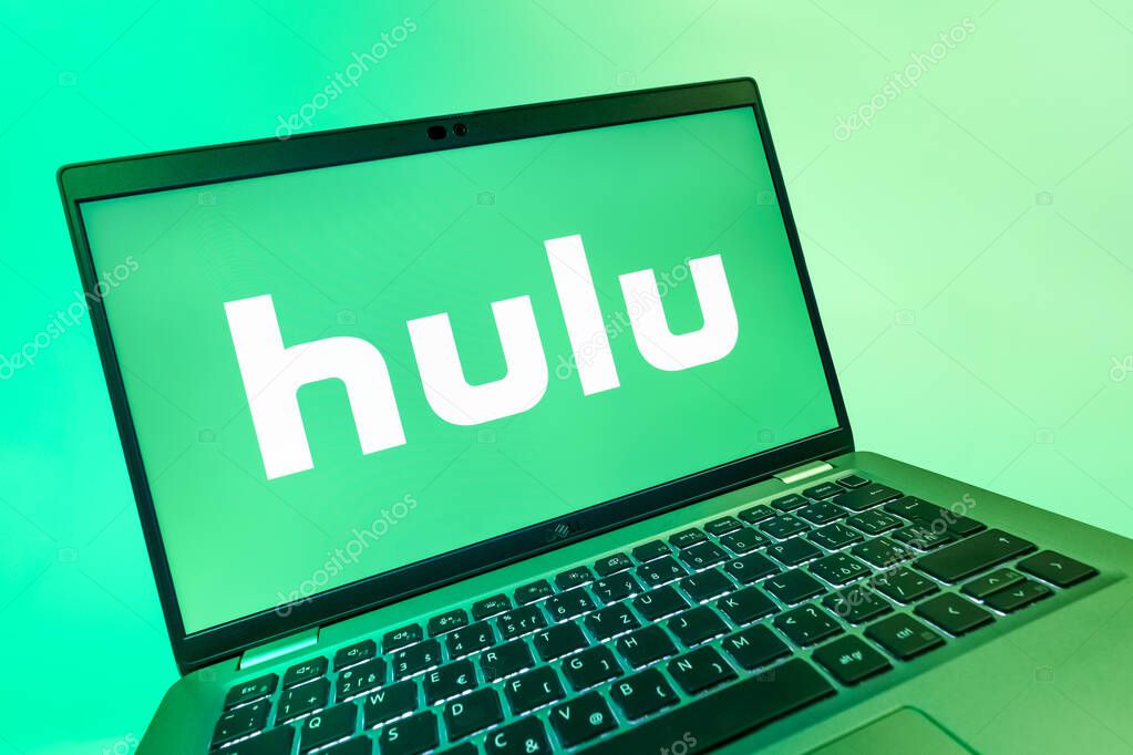 Prague, Czechia - 08 12 2025: A dynamic close-up of a laptop displaying the Hulu logo. Hulu is a streaming platform for TV shows, movies, and live TV.