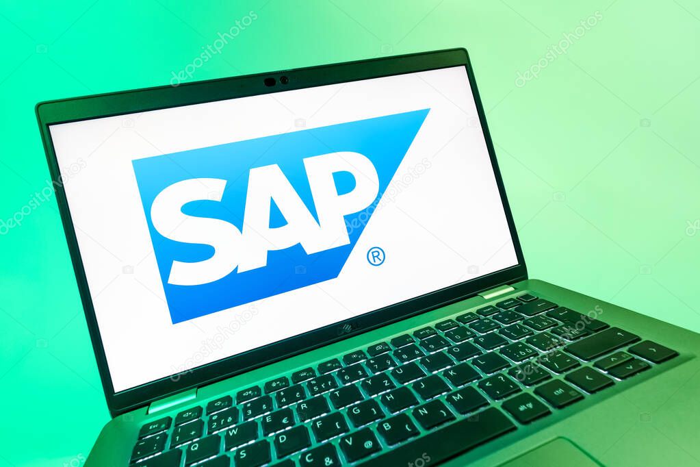 Prague, Czechia - 08 12 2025: A dynamic close-up of a laptop displaying the SAP logo. SAP is a software company providing enterprise applications and solutions.