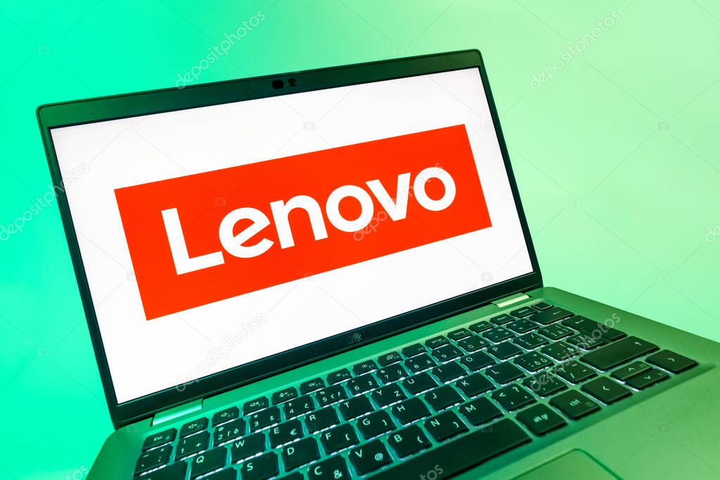 Prague, Czechia - 08 12 2025: A dynamic close-up of a laptop displaying the Lenovo logo. Lenovo is a technology company producing computers and electronics.