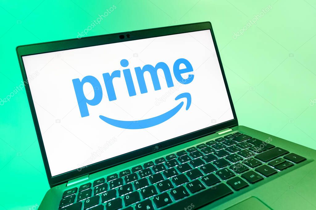 Prague, Czechia - 08 12 2025: A dynamic close-up of a laptop displaying the Prime logo. Prime is a subscription service for shopping, streaming, and benefits.